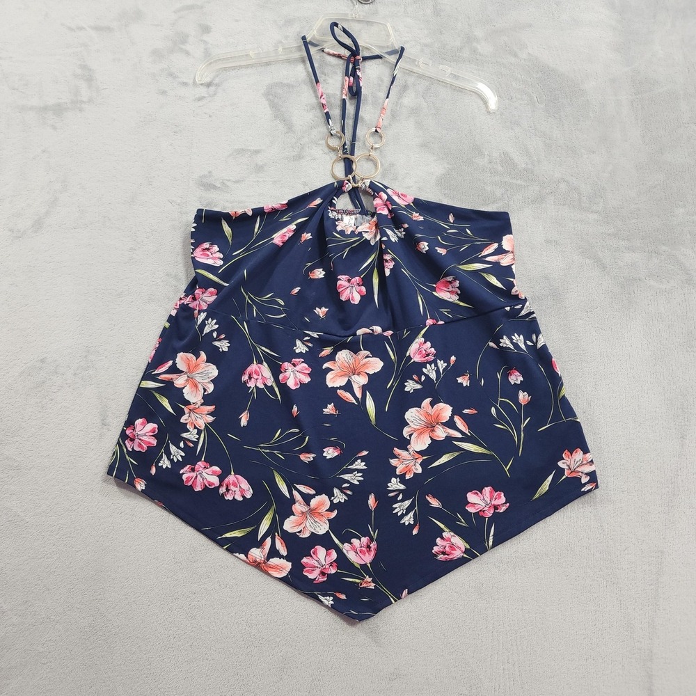 Vintage PerSeption Women‎ Top Womens 2X Blue Floral Halter Tank Hanky Hem Summer